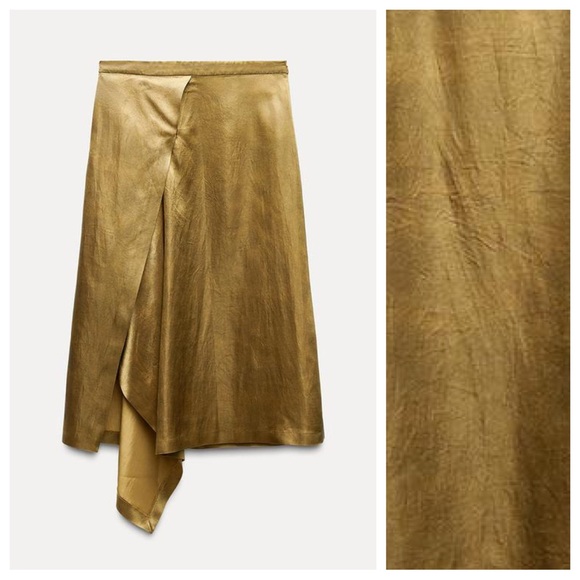 NWT. Zara ZW Collection Golden Satin Effect Asymmetric Flowing Midi Skirt Size S - Picture 2 of 9